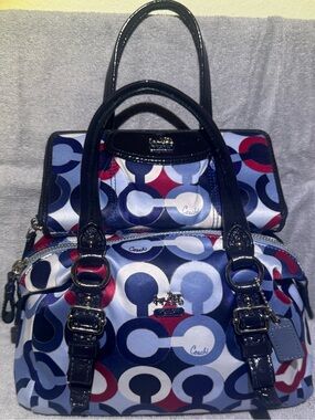 Coach Op Red, White and Blue small shoulder bag with matching wallet.